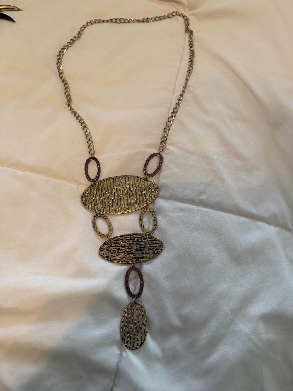 Chico's Gold-Tone Textured Oval Drop Necklace with Dark Accent Rings
